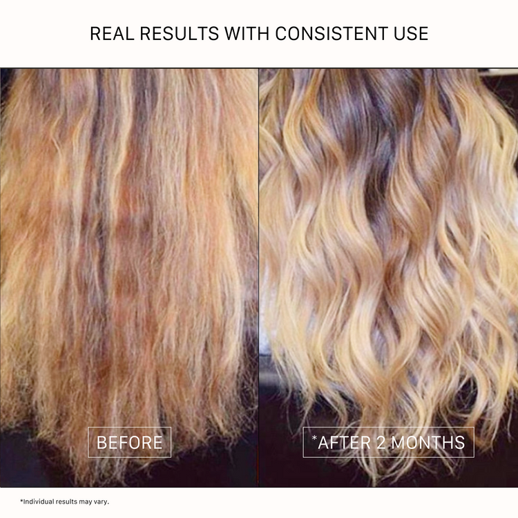Before and after comparison of hair treatment results with consistent use, showing improved texture and volume.