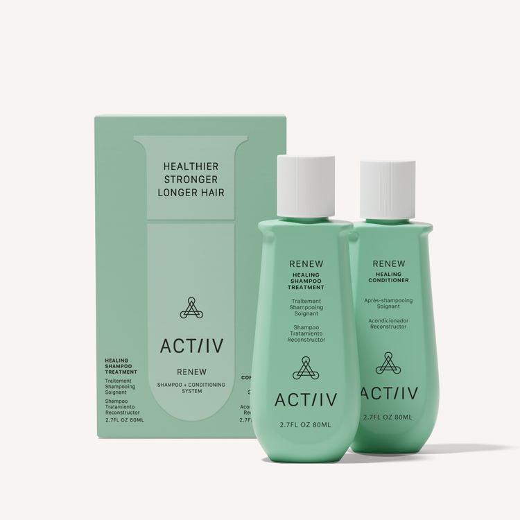 ACTIIV Renew Healing Shampoo and Conditioner travel-size system formulated to support healthier-looking, stronger, longer hair with plant-based hair care.