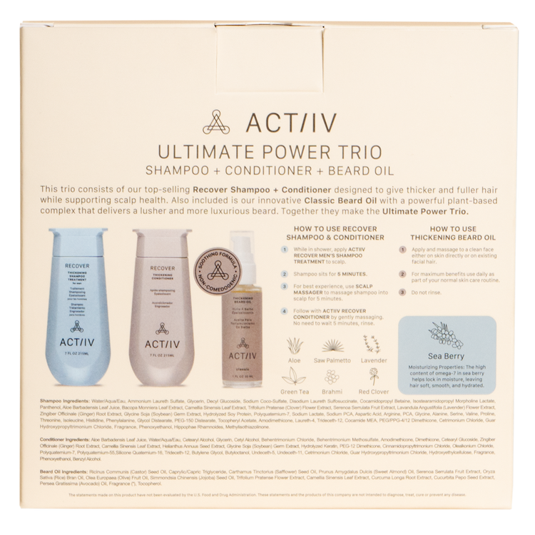 actiiv men's power trio with recover thickening shampoo and conditioner and thickening beard oil back view