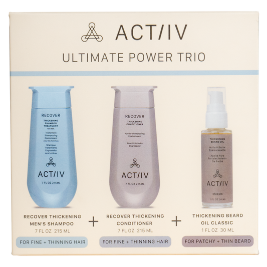 actiiv men's power trio with recover thickening shampoo and conditioner and thickening beard oil