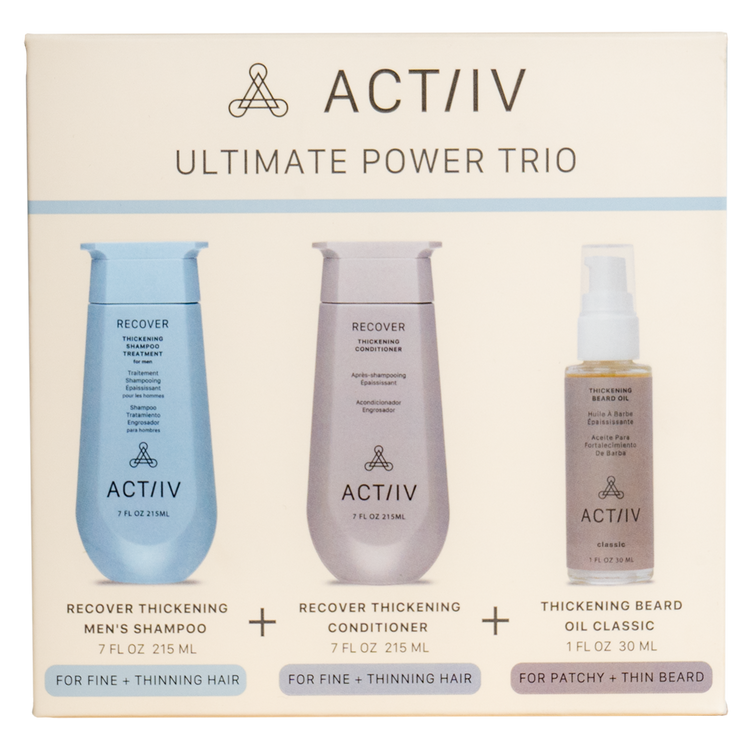 actiiv men's power trio with recover thickening shampoo and conditioner and thickening beard oil