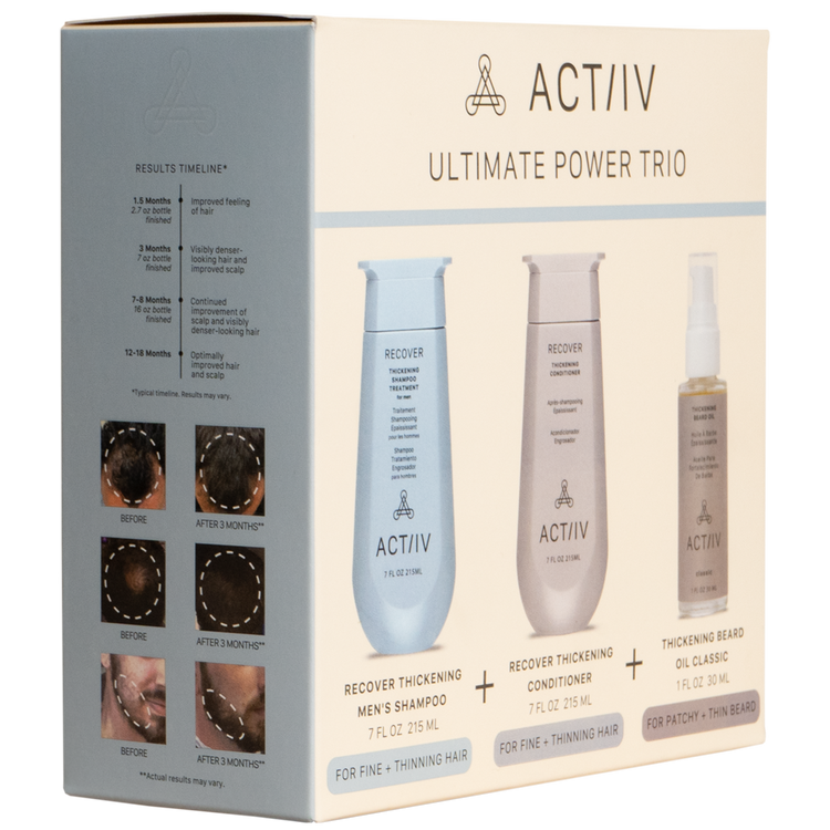 actiiv men's power trio with recover thickening shampoo and conditioner and thickening beard oil side view