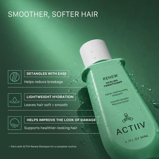 ACTIVii Renew Healing Conditioner bottle in a mint green color with a white cap, set against a dark green background with water droplets. The image includes marketing text highlighting benefits like detangling, lightweight hydration, and improving the look of damage.