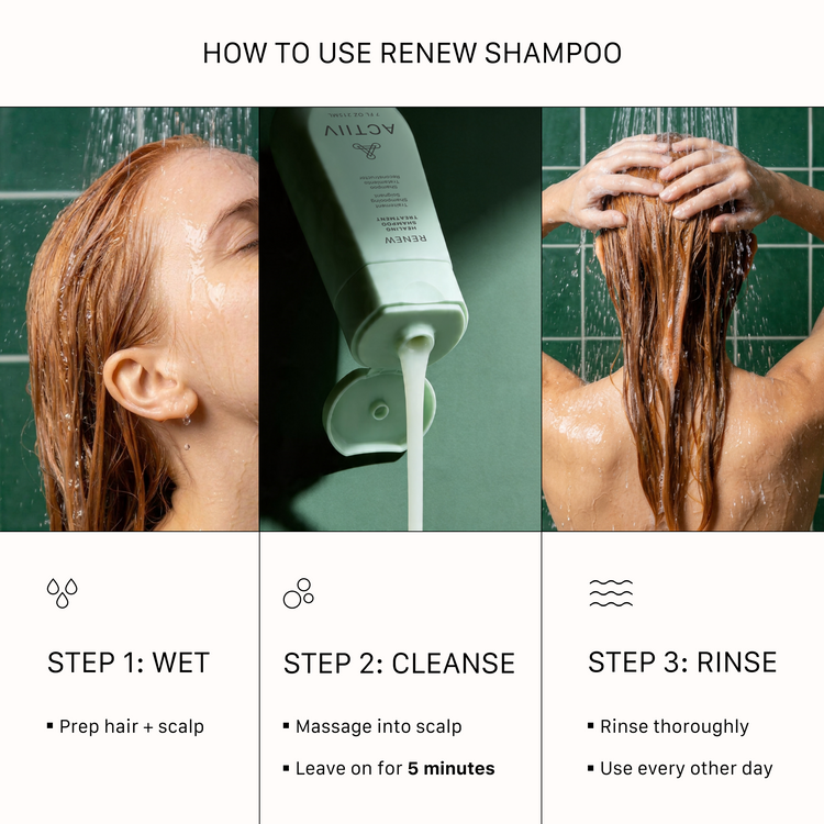 How to use ACTIIV Renew Healing Shampoo Treatment for best results — wet hair and scalp, massage shampoo into scalp, leave on for 5 minutes, and rinse thoroughly. Nourishing shampoo routine for damaged hair, scalp care, softness, and manageability.