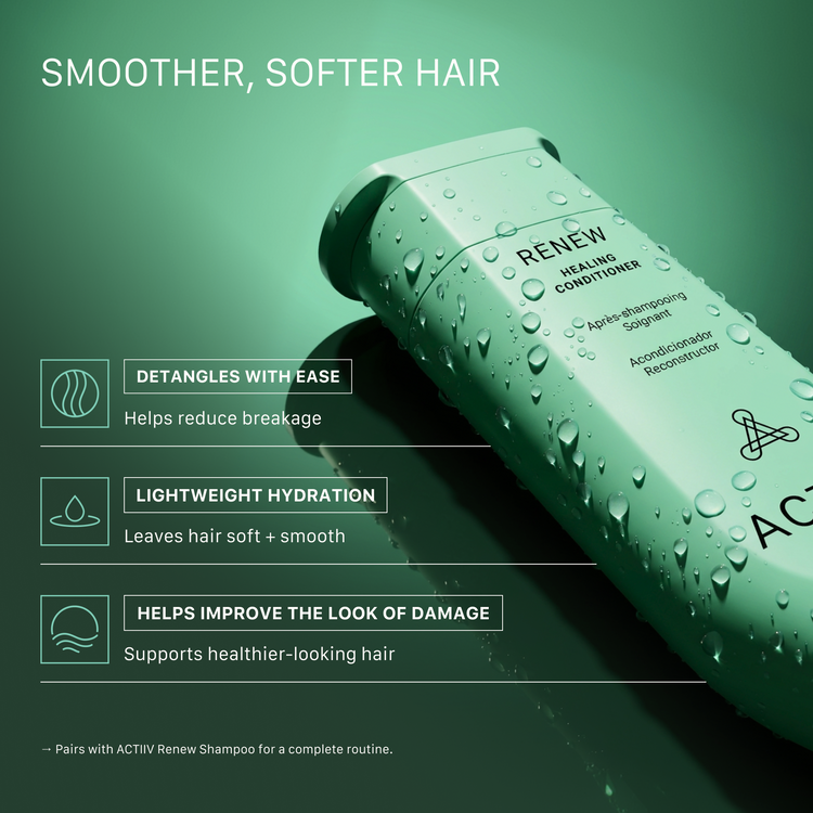 ACTIIV Renew Healing Conditioner delivers lightweight hydration and easy detangling while helping reduce breakage and improve the look of damaged hair. Plant-based conditioner leaves hair softer, smoother, shinier, and more manageable.
