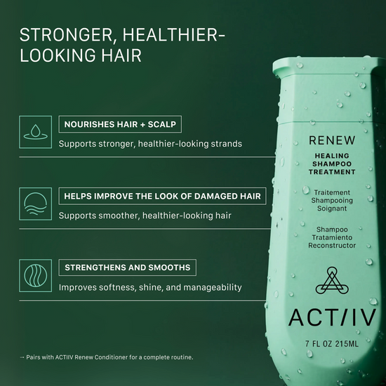 ACTIIV Renew Healing Shampoo Treatment nourishes hair and scalp while helping improve the look of damaged hair. Plant-based formula strengthens and smooths strands to support softer, shinier, healthier-looking, more manageable hair.