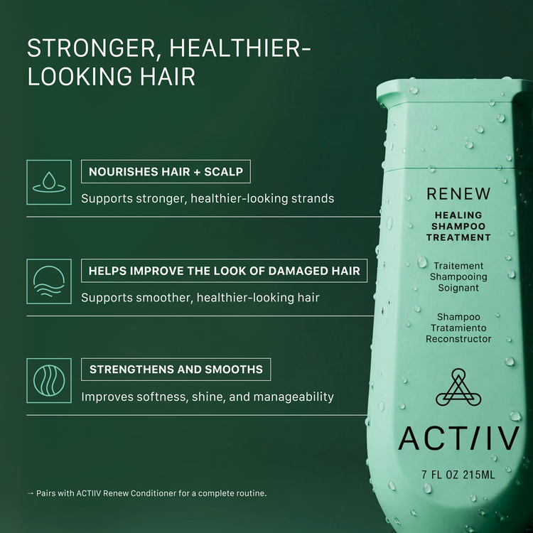 ACTIIV Renew Healing Shampoo Treatment nourishes hair and scalp while helping improve the look of damaged hair. Plant-based formula strengthens and smooths strands to support softer, shinier, healthier-looking, more manageable hair.